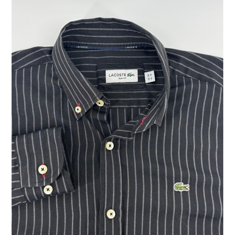 Lacoste Button Down Slim Fit Dress Shirt Men Medium Black Pinstripe Long Sleeve